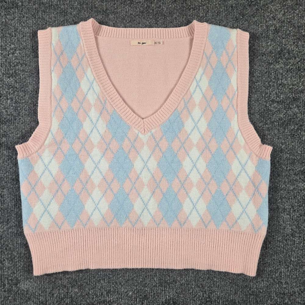 Mi Ami Sweater Vest Women XL Pink Argyle y2k V-Neck Preppy Knit Sleeveless